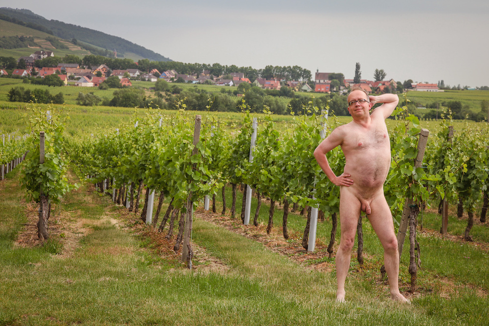 Man posing stark naked with his pubic hair shaven in a French vineyard in close to a village
